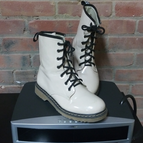 Lady Godiva Shoes - Lady Godiva | Glossy Combat Boots Cream